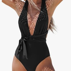 CUPSHE Women's Deep V Neck One Piece Swimsuit with Crisscross Back Self Tie